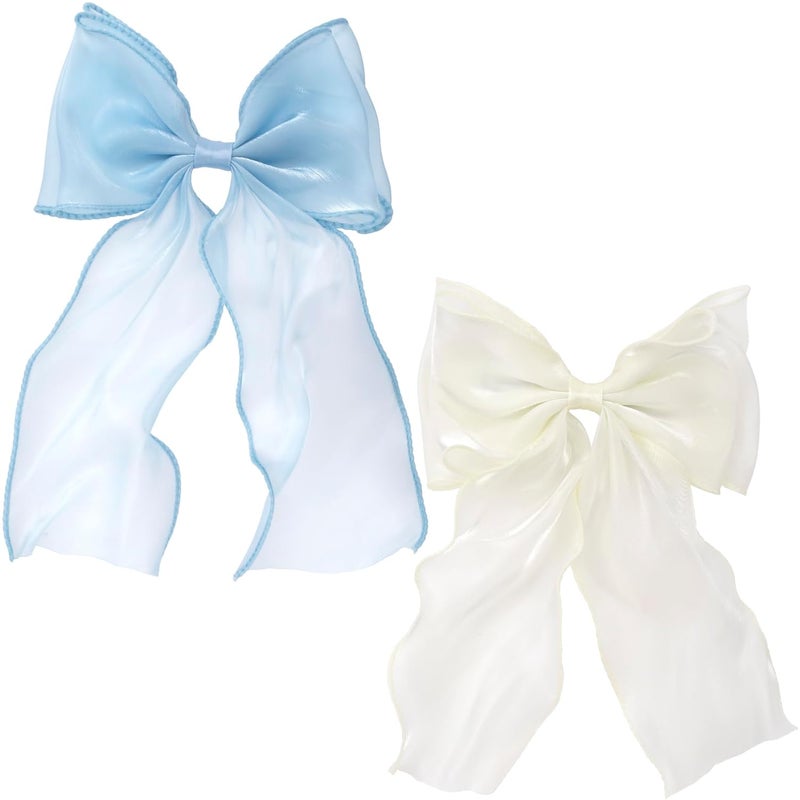 STSTR 2Pcs Large Hair Bow Clips, Blue White Silk Yarn Ribbon Bow Hair Barrette for Women, Elegant Long Tail Bowknot French Hairstyles Accessories for Wedding, Parties, Festivals - Image 1